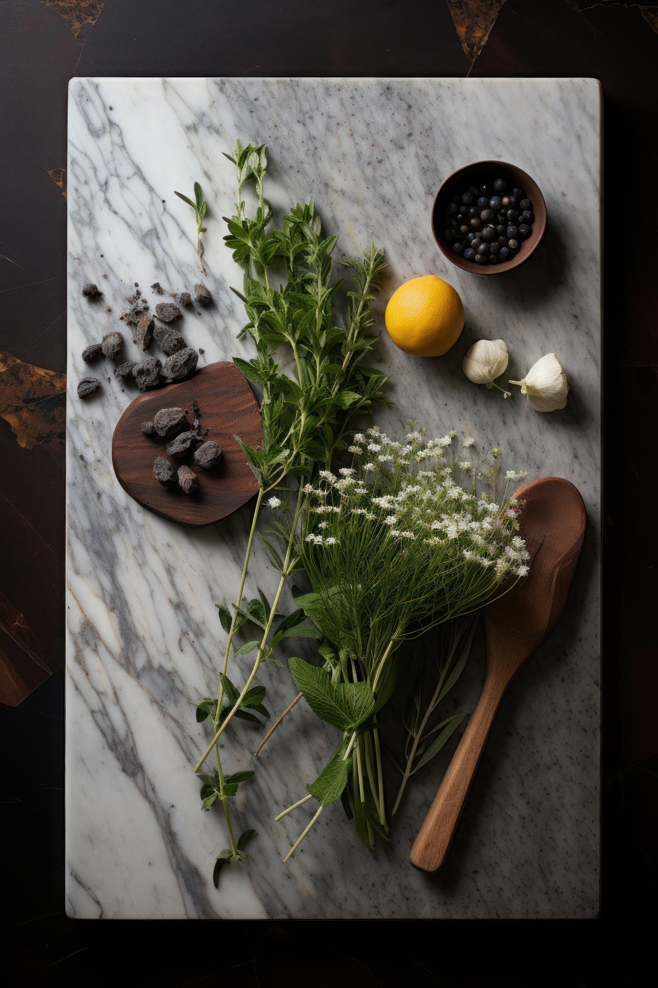 Close-up of premium ingredients on marble